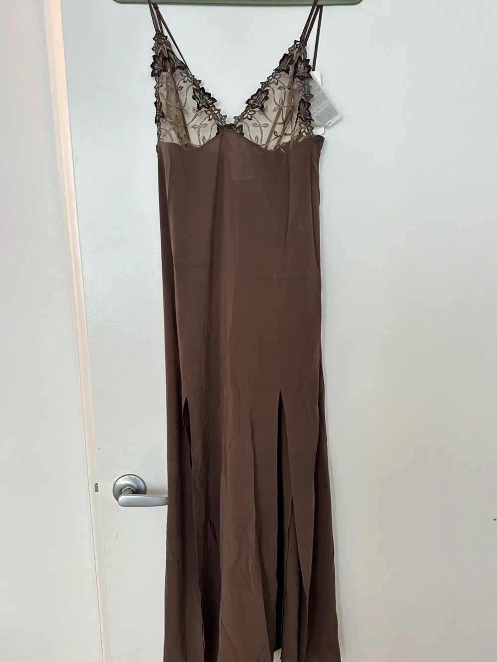 La Perla Silk Malizia Brown Lace-Trim Slip nightgown with Side Slits